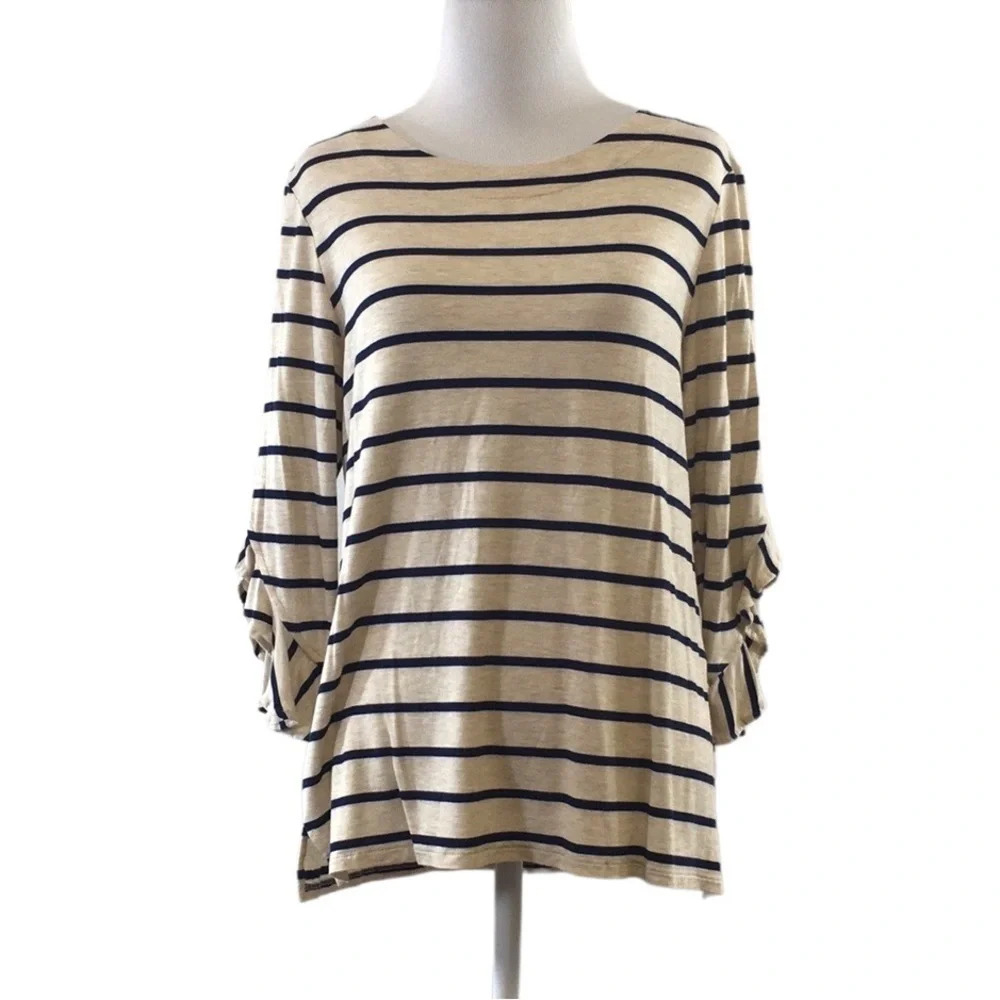 Chico's Cream Blue Striped 3/4 Sleeve Tee‎ Womens 1 Medium T Shirt Ruffle Sleeve
